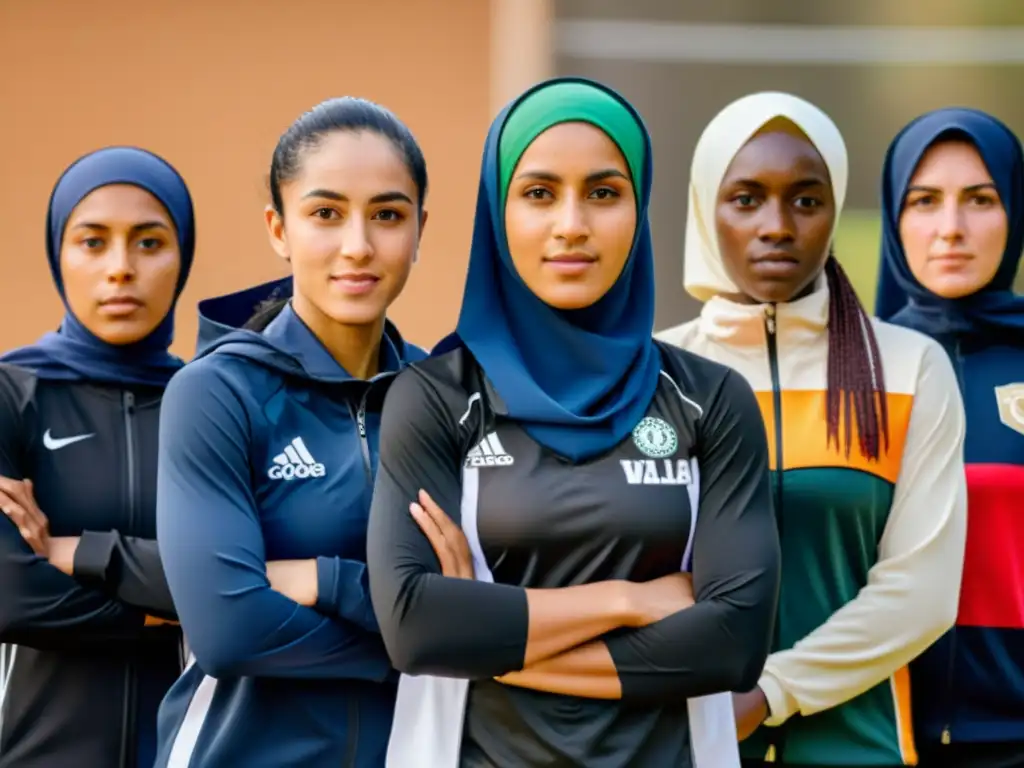 Grupo diverso de atletas femeninas unidas en lucha por la libertad de vestimenta en el deporte, mostrando poder y determinación