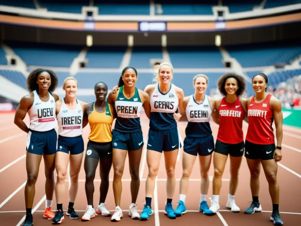 Un grupo diverso de atletas femeninas desafía la discriminación de género en el deporte, mostrando su fuerza y determinación en un estadio deportivo