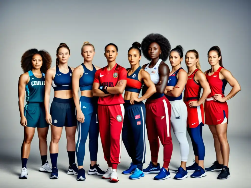 Un grupo diverso de atletas femeninas desafía códigos de vestimenta en el deporte, mostrando la lucha por la libertad y la igualdad