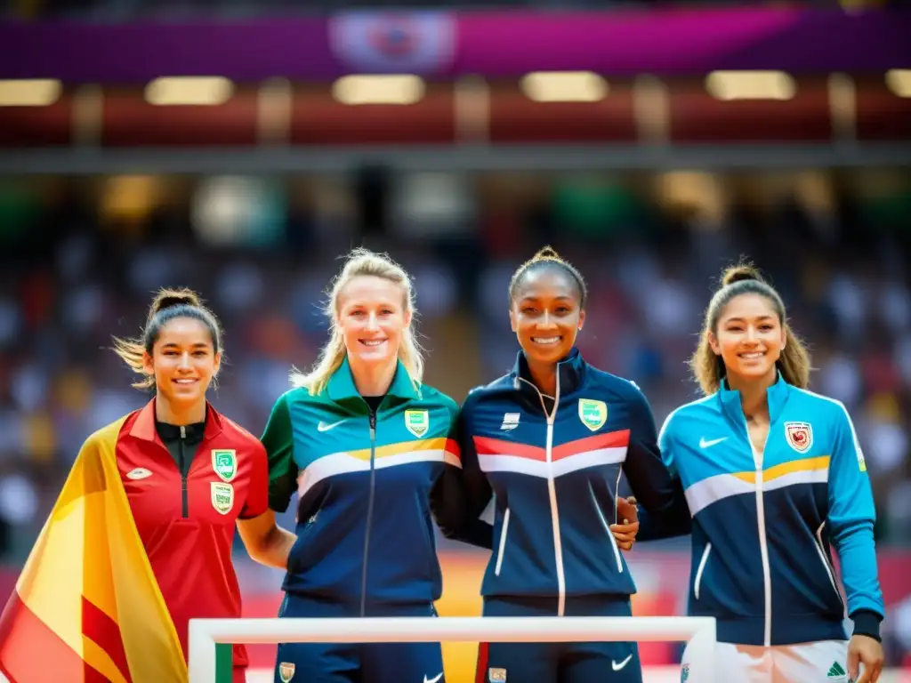 Un grupo diverso de atletas femeninas de diferentes países celebra en el podio, unidas y poderosas, con banderas al fondo