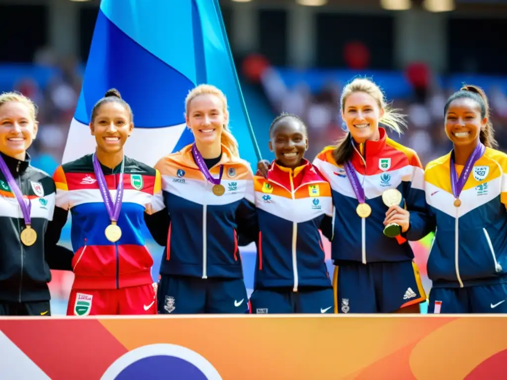 Un grupo diverso de atletas femeninas de diferentes países posando juntas en un podio, sonriendo y sosteniendo medallas, con las banderas de sus naciones al fondo