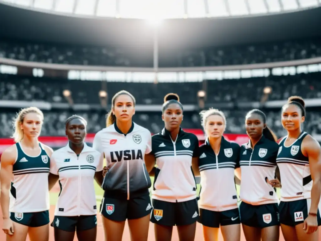 Grupo diverso de atletas femeninas unidas en lucha contra discriminación de género, en estadio global con banderas