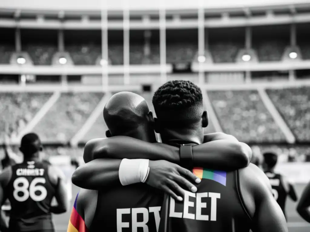 Un grupo diverso de atletas LGBT+ se unen con orgullo en el campo, mostrando solidaridad y determinación