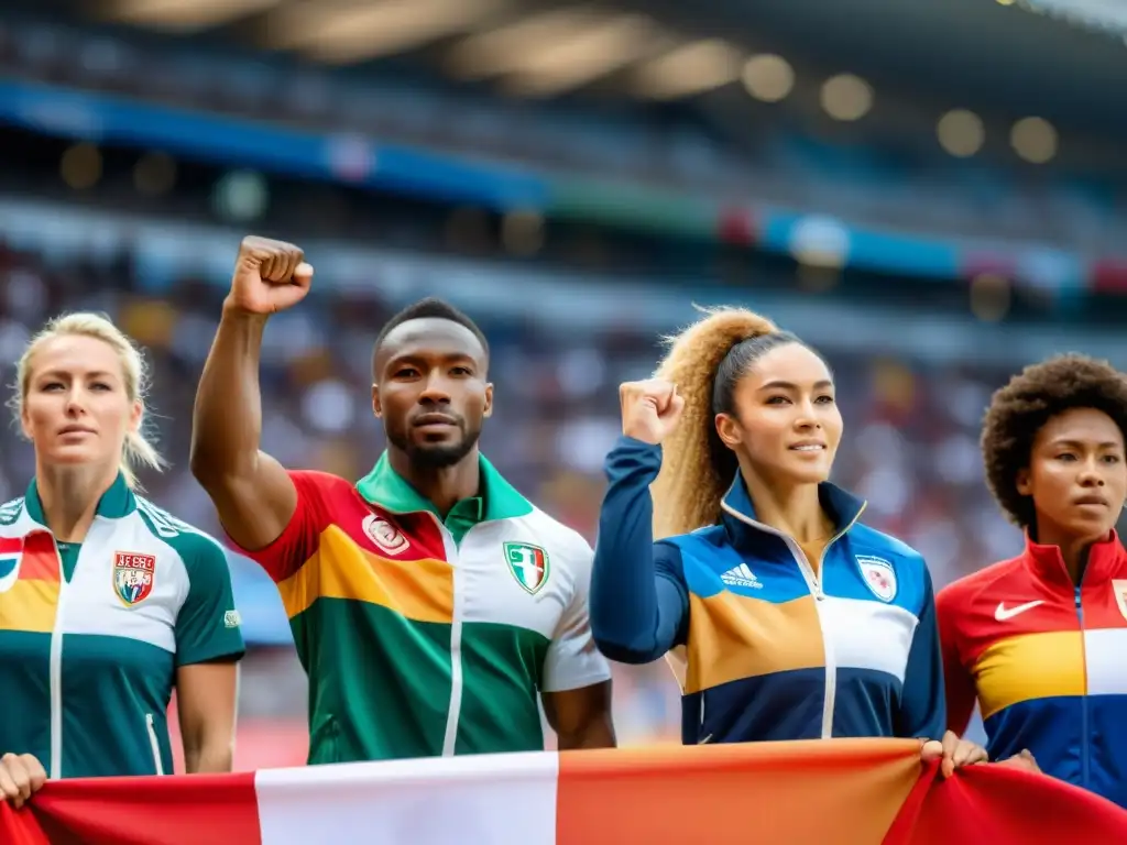 Un grupo diverso de atletas de distintas partes del mundo, unidos con los puños en alto