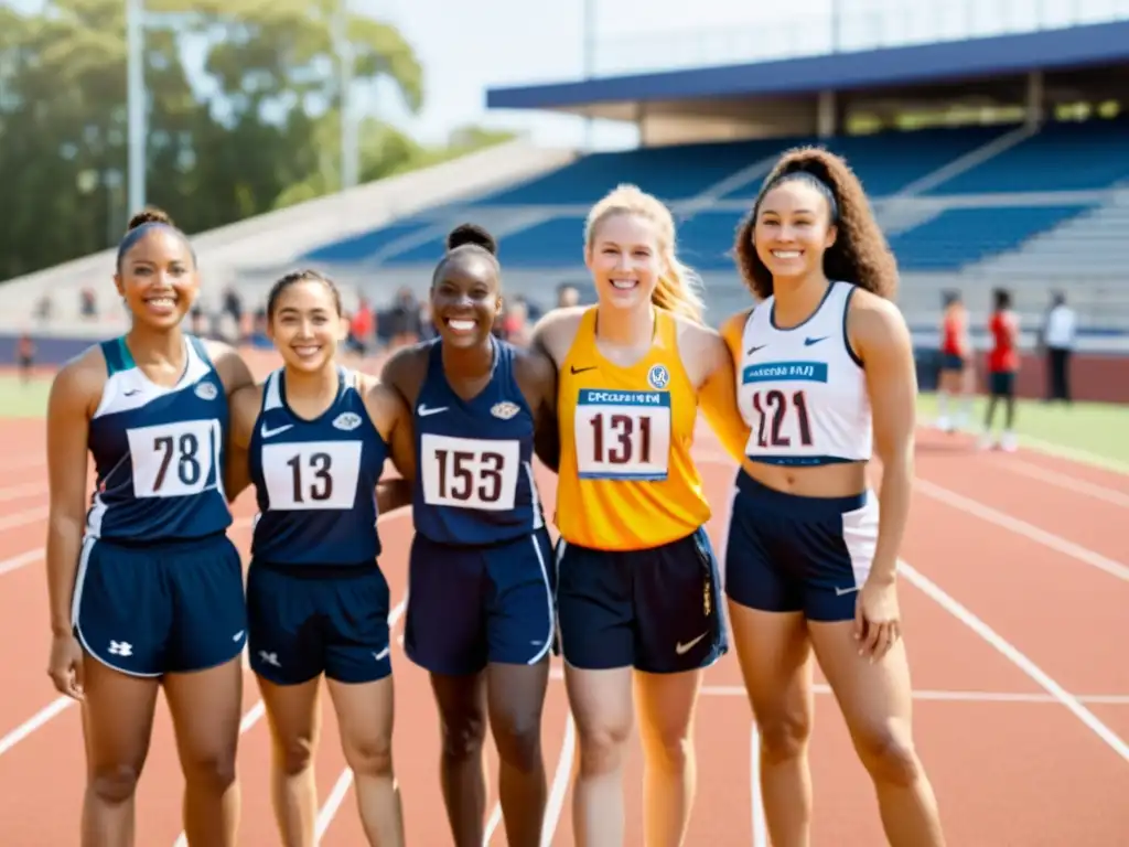 Grupo diverso de atletas sonrientes en una pista, transmitiendo unidad y diversidad racial en el deporte