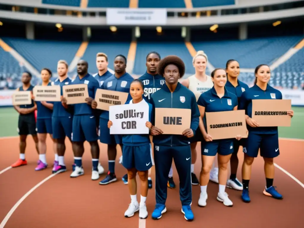 Grupo diverso de atletas unidos en activismo deportivo contra discriminación étnica, con determinación en sus ojos y fondo de arena deportiva