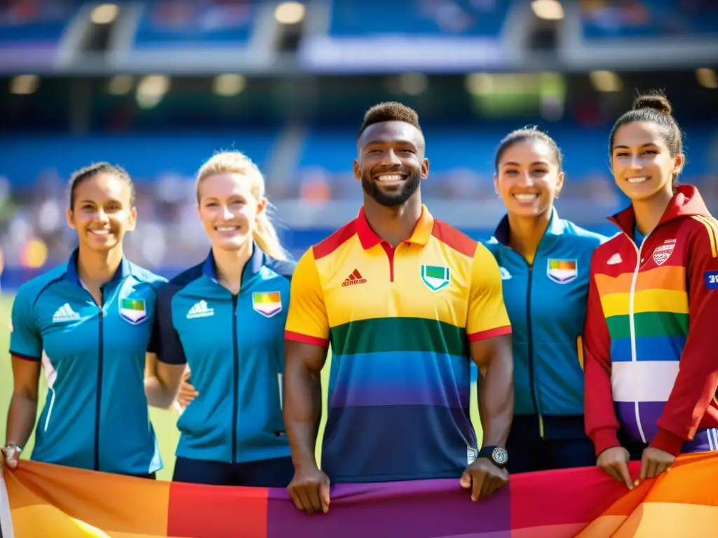 Un grupo diverso de atletas con uniformes representativos de distintos países sostienen la bandera arcoíris en un estadio, simbolizando la inclusión y los derechos humanos LGBT+ en el deporte