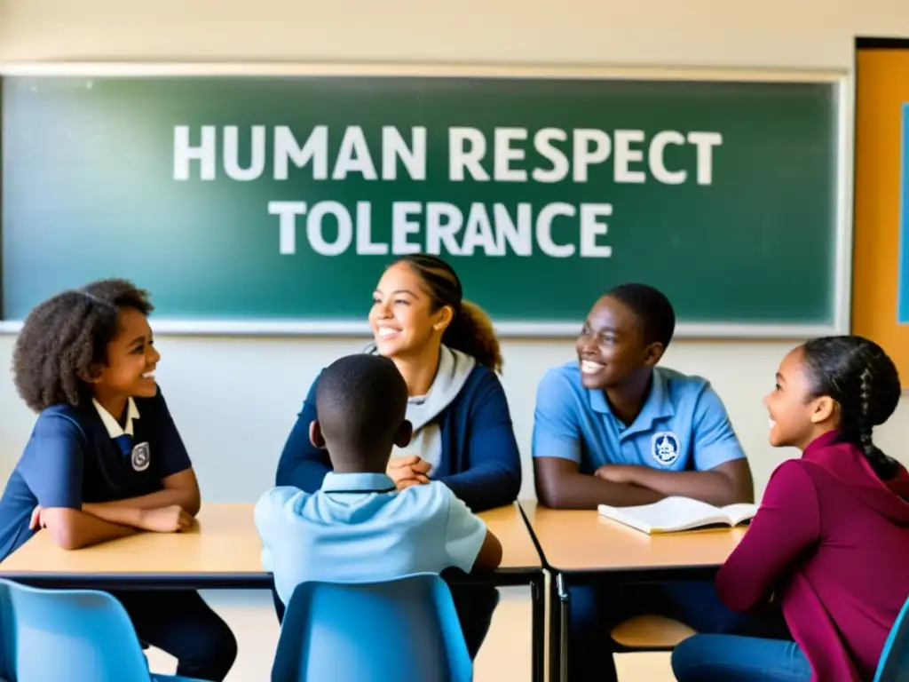 Grupo diverso en aula, dialogando sobre derechos humanos y bullying