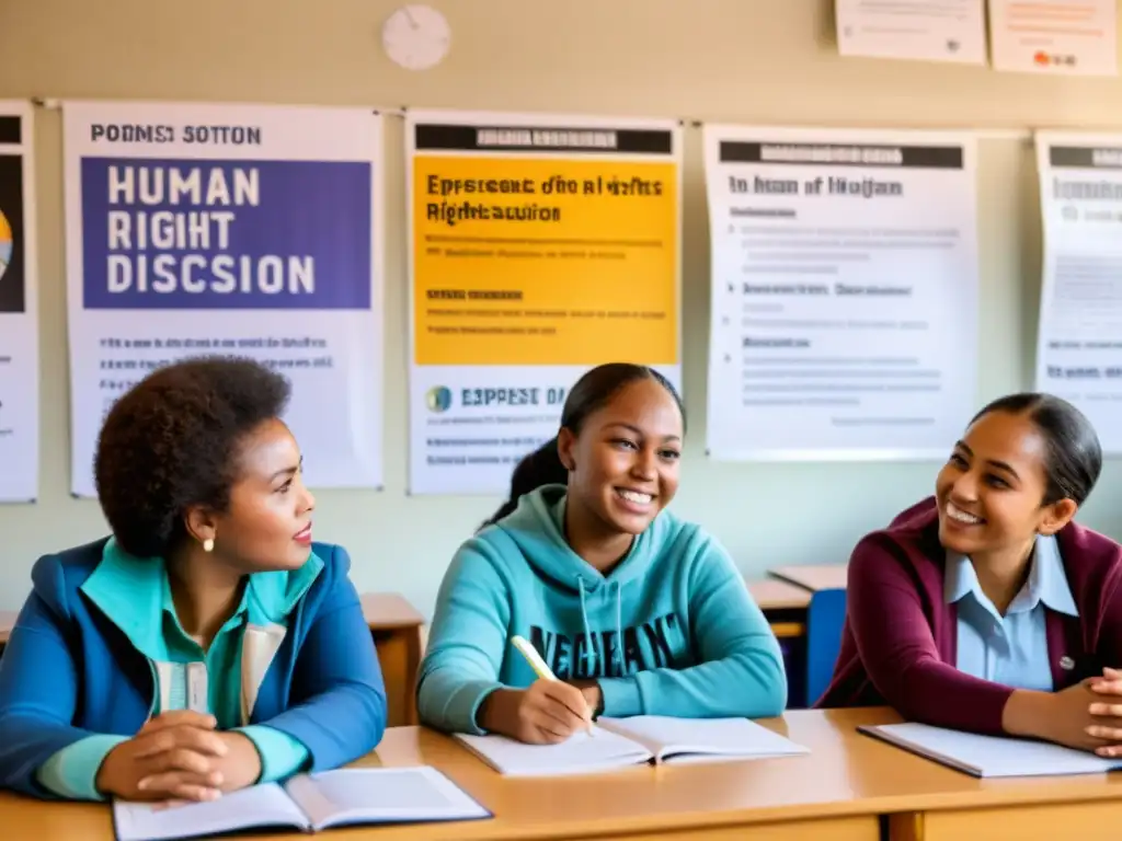 Un grupo diverso se reúne en un aula para discutir sobre los derechos humanos en la era digital