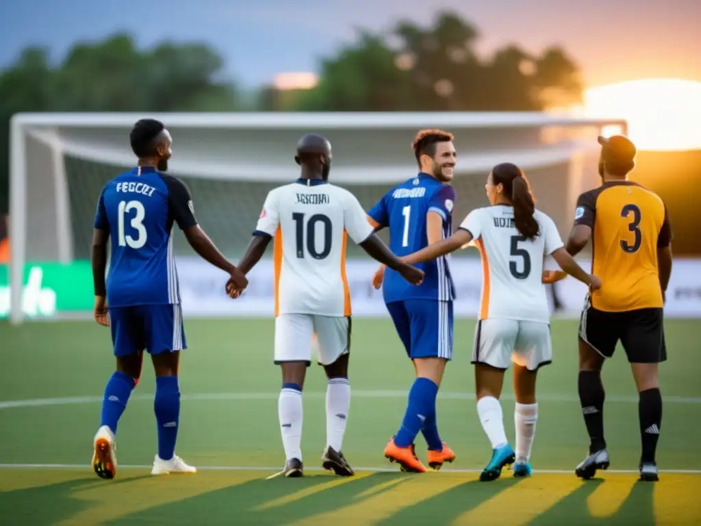 Un grupo diverso celebra en una cancha de fútbol al atardecer, mostrando integración y alegría