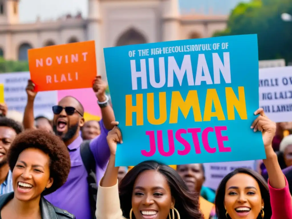 Diversidad y pasión en protesta global por los derechos humanos Un grupo diverso sostiene carteles coloridos con mensajes de igualdad y justicia en una protesta pacífica