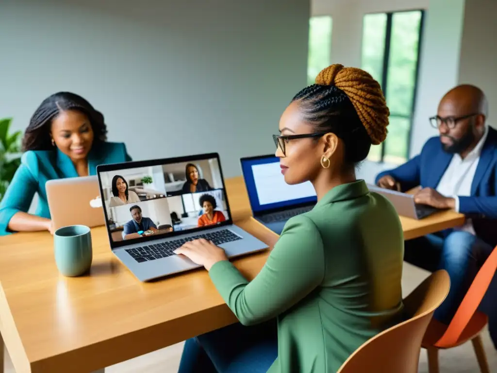 Grupo diverso trabajando en casa en laptops y tablets, mostrando retos y oportunidades del teletrabajo y la brecha digital