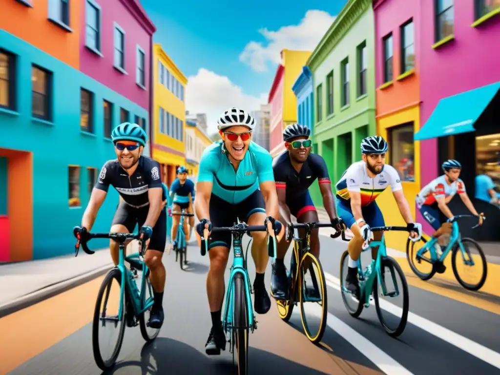 Un grupo diverso de ciclistas recorriendo una ciudad bulliciosa, con arte callejero vibrante y edificios coloridos de fondo