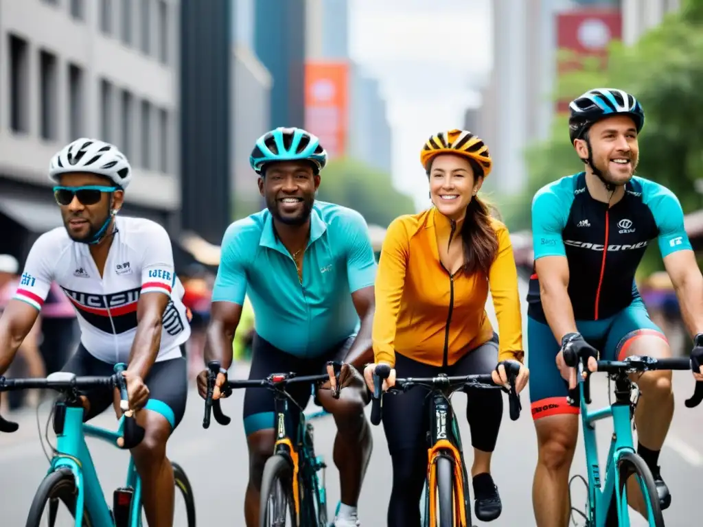 Grupo diverso de ciclistas empoderados recorriendo la ciudad en bicicletas, representando el ciclismo como vehículo de empoderamiento social
