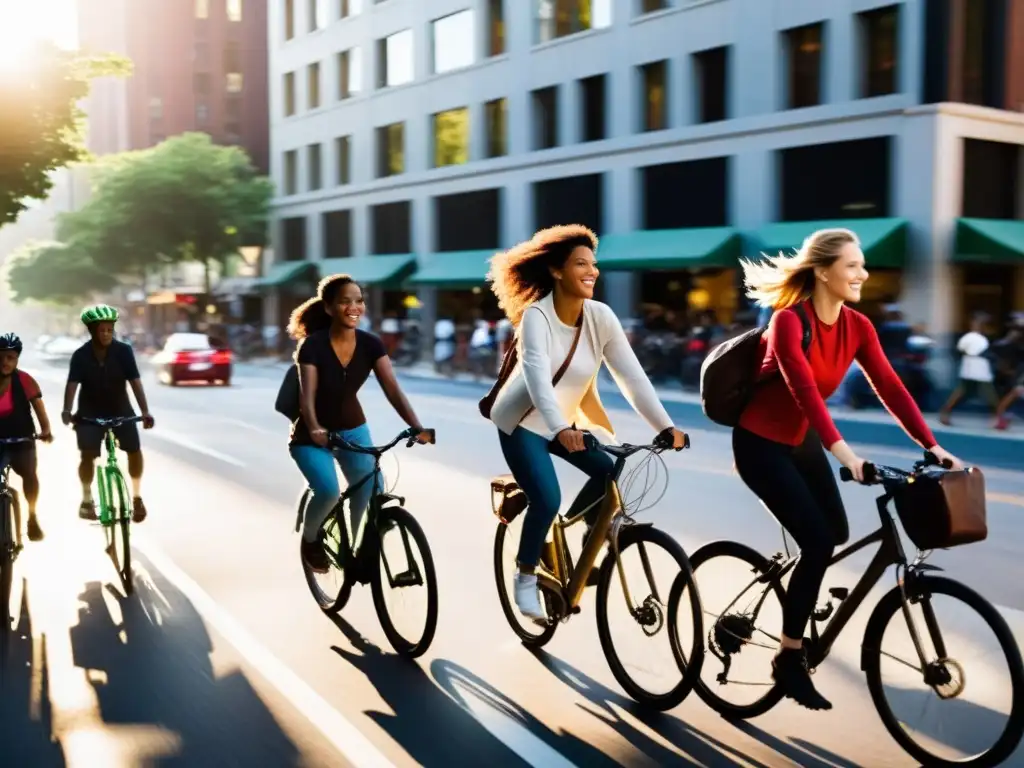 Grupo diverso de ciclistas, incluyendo mujeres y niños, recorriendo una bulliciosa calle de la ciudad