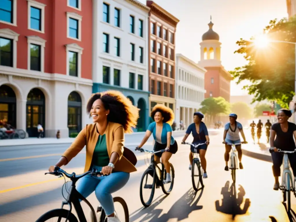 Un grupo diverso de ciclistas, incluyendo mujeres y personas de color, recorren juntos una animada calle de la ciudad al atardecer