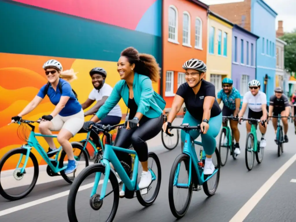 Un grupo diverso de ciclistas sonrientes recorriendo la ciudad juntos, rodeados de murales vibrantes y actividad urbana