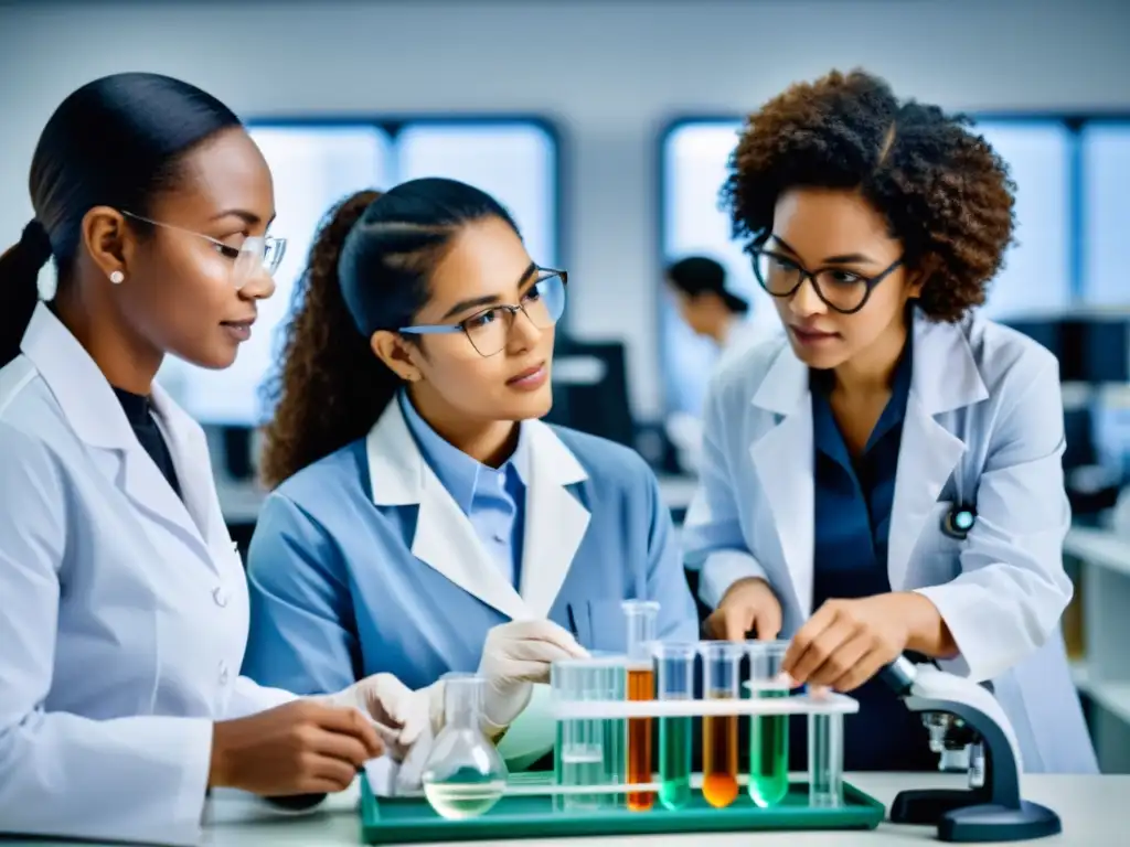 Un grupo diverso de científicas colabora en un laboratorio de vanguardia, promoviendo la igualdad de género en la ciencia