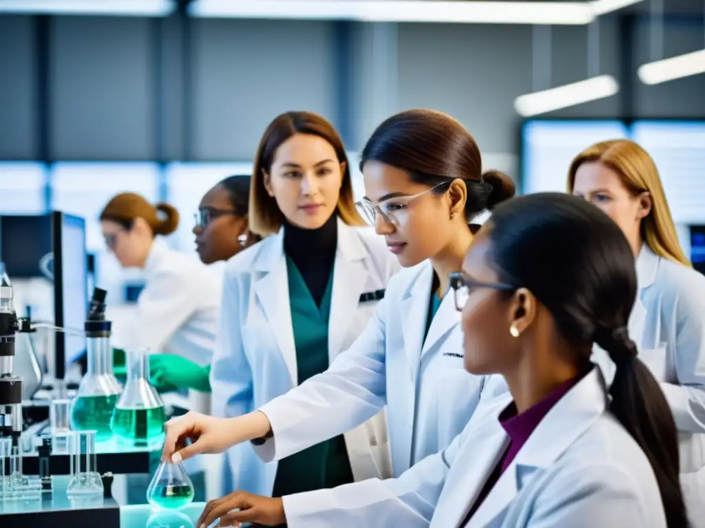 Grupo diverso de científicas y tecnólogas en laboratorio, abordando la brecha de género en ciencia y tecnología, con profesionalismo e innovación