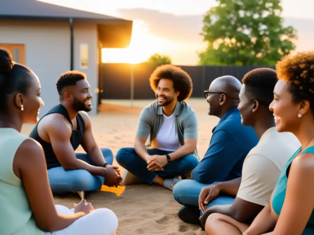 Grupo diverso en círculo al aire libre, discuten apoyo y salud mental, con mural de conciencia