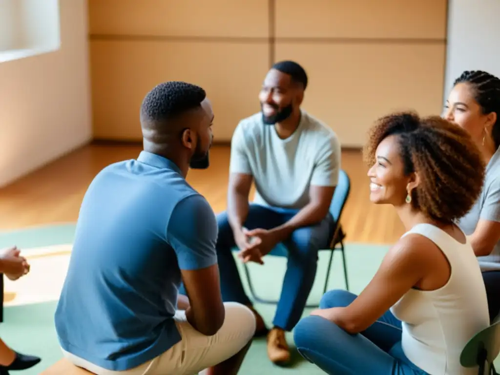 Grupo diverso en círculo de apoyo, mostrando impacto de género en salud mental en conversación íntima y empática