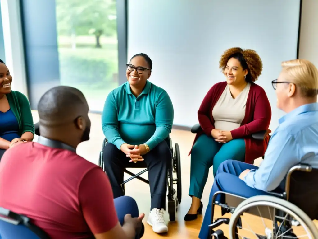 Un grupo diverso participa en un círculo de apoyo, mostrando accesibilidad en servicios de salud mental