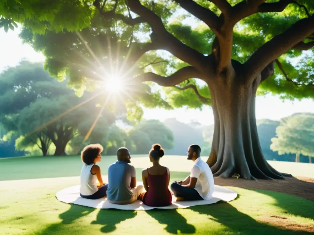 Grupo diverso en círculo bajo árbol, dialogando en paz