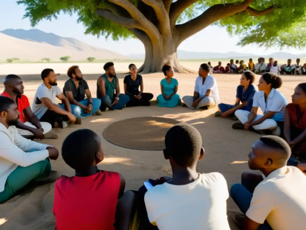 Un grupo diverso se reúne en círculo bajo un árbol, dialogando con determinación y esperanza en un paisaje postconflicto