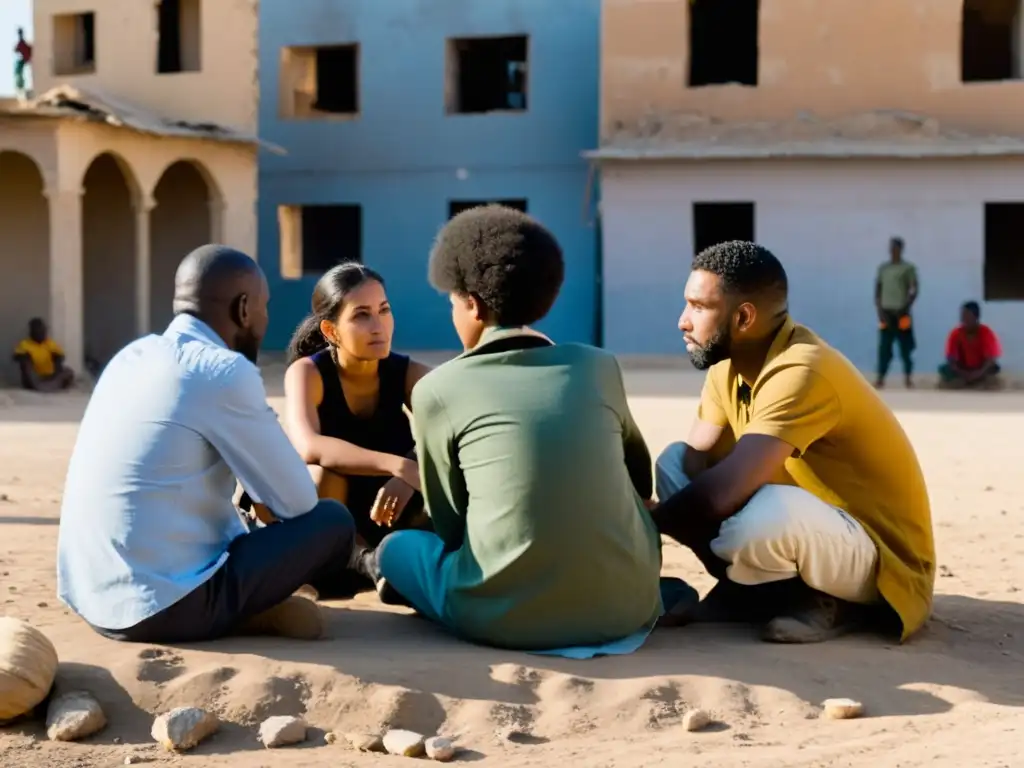 Un grupo diverso se reúne en círculo en un área postconflicto, abordando el impacto psicosocial de los conflictos en la era postbélica