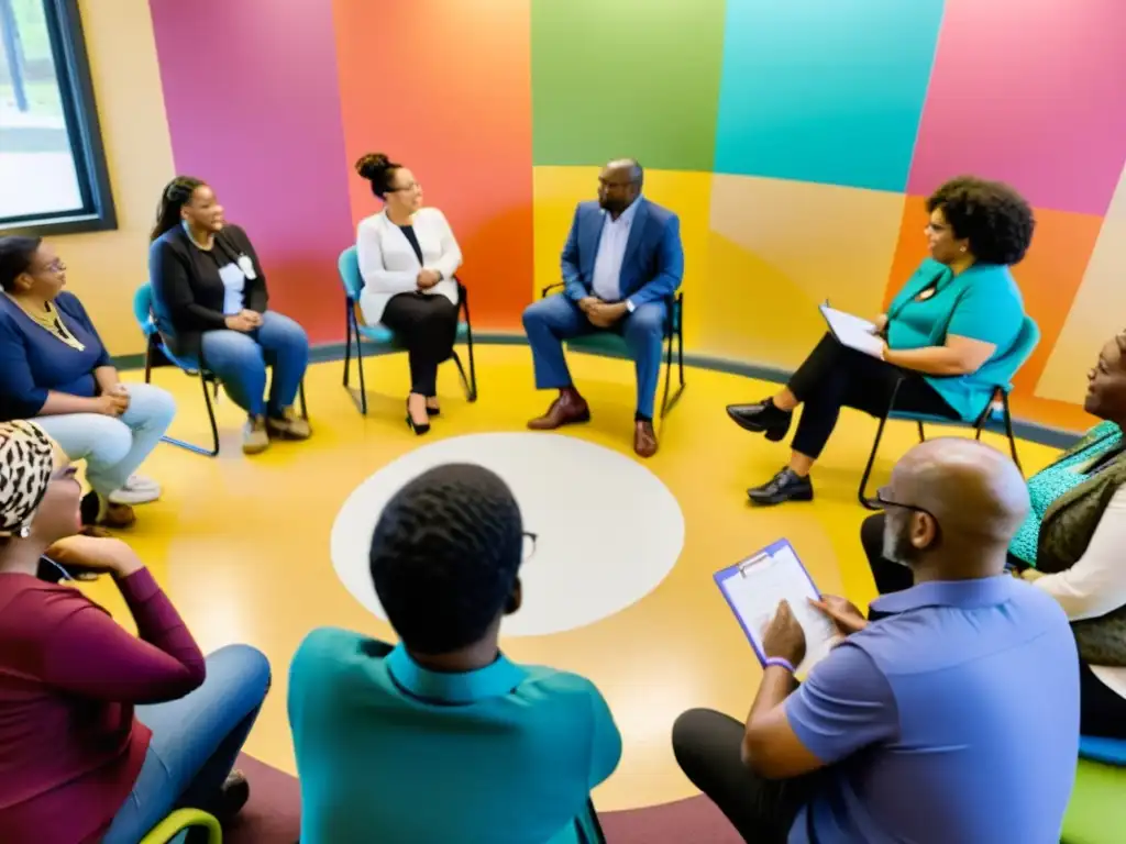 Un grupo diverso se reúne en un círculo en un centro comunitario, discutiendo iniciativas de defensa de la salud mental