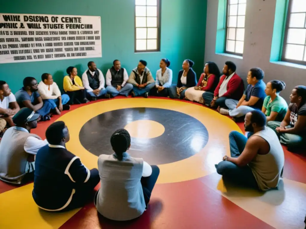 Grupo diverso en círculo discutiendo en centro comunitario, expresiones reflejan justicia transicional después conflicto