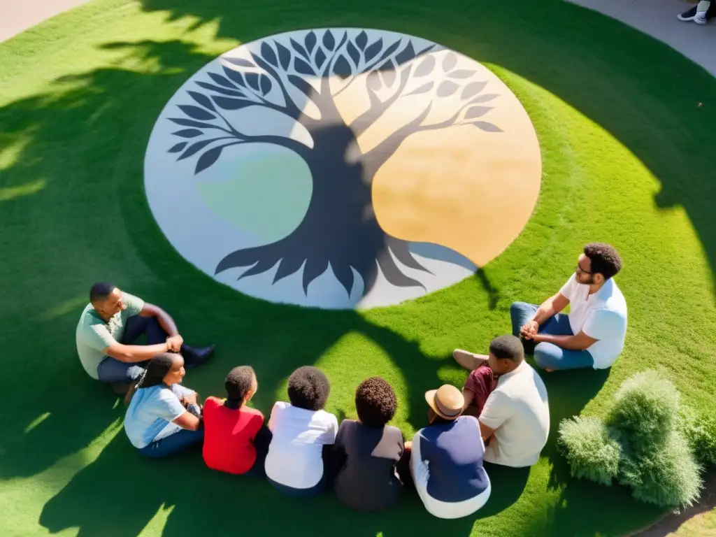 Grupo diverso en círculo dialoga con empatía bajo la luz del sol