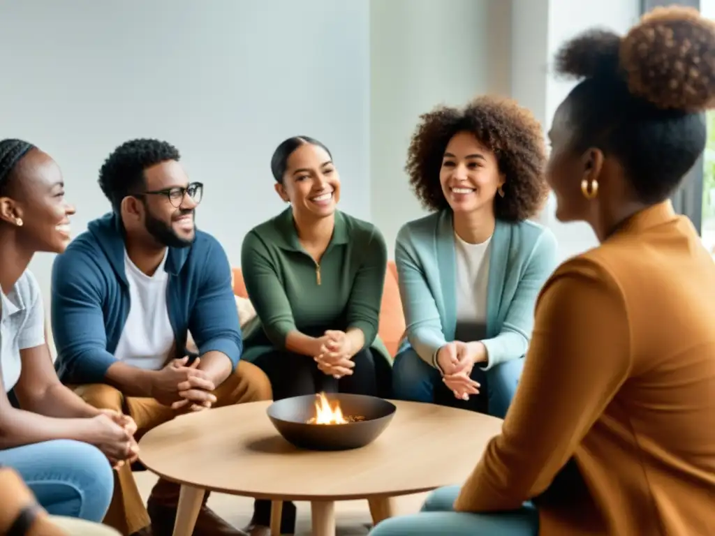 Grupo diverso en círculo, conversando con empatía y apoyo mutuo en un entorno acogedor