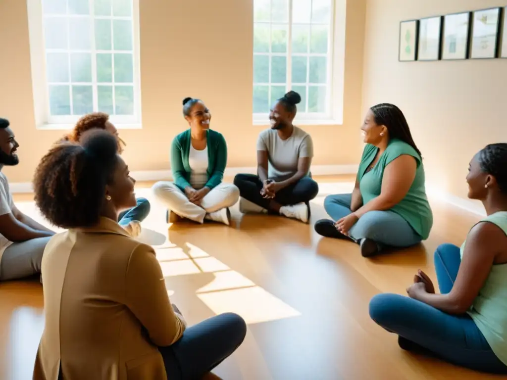 Grupo diverso en círculo, apoyándose en enfoques holísticos derechos salud mental, con atmósfera cálida y comprensiva