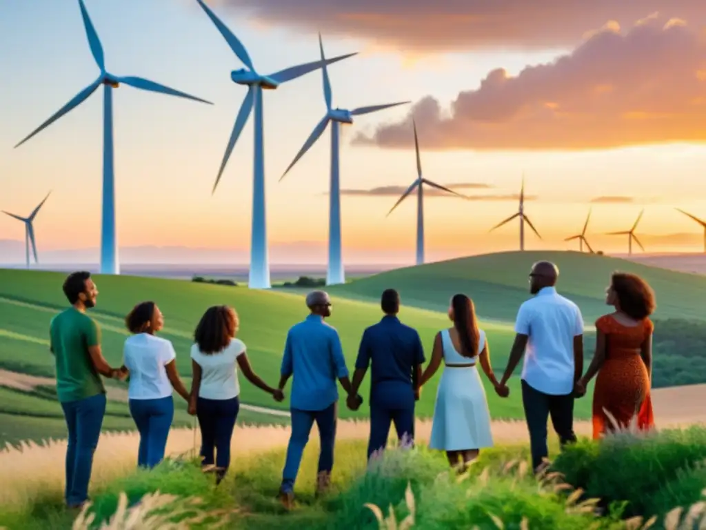 Un grupo diverso se une en círculo, mirando un gran molino de viento al atardecer