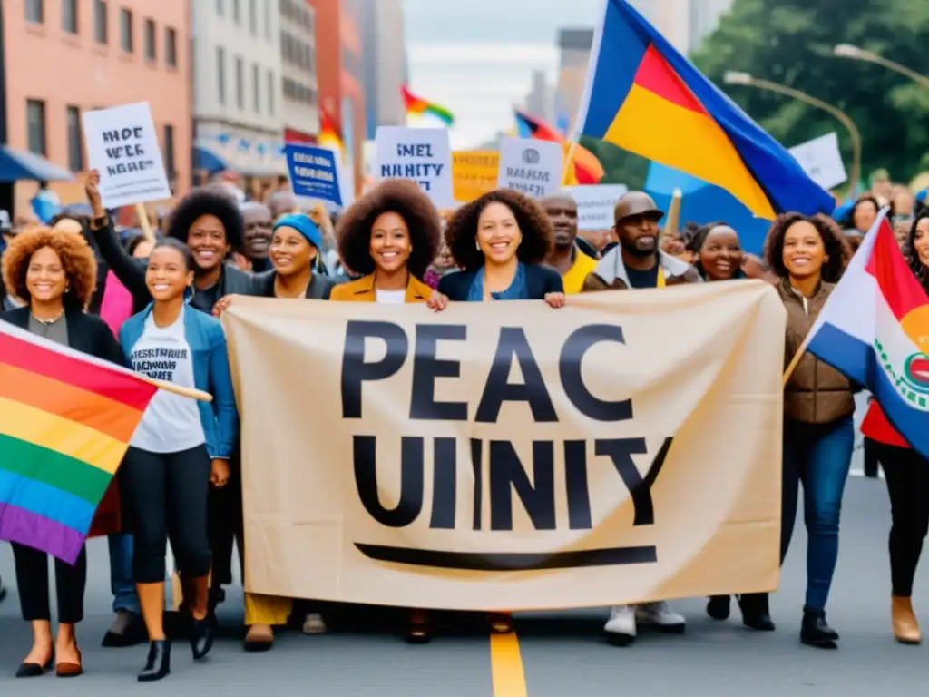 Un grupo diverso se une en un círculo en una protesta pacífica por la paz y los derechos humanos, con pancartas de esperanza y unidad