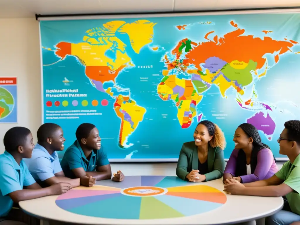 Grupo diverso en círculo de discusión rodeado de materiales educativos, mapa mundial en pared