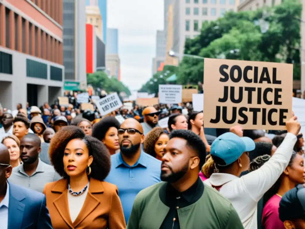 Un grupo diverso marcha pacíficamente en la ciudad, con pancartas y mensajes de justicia social