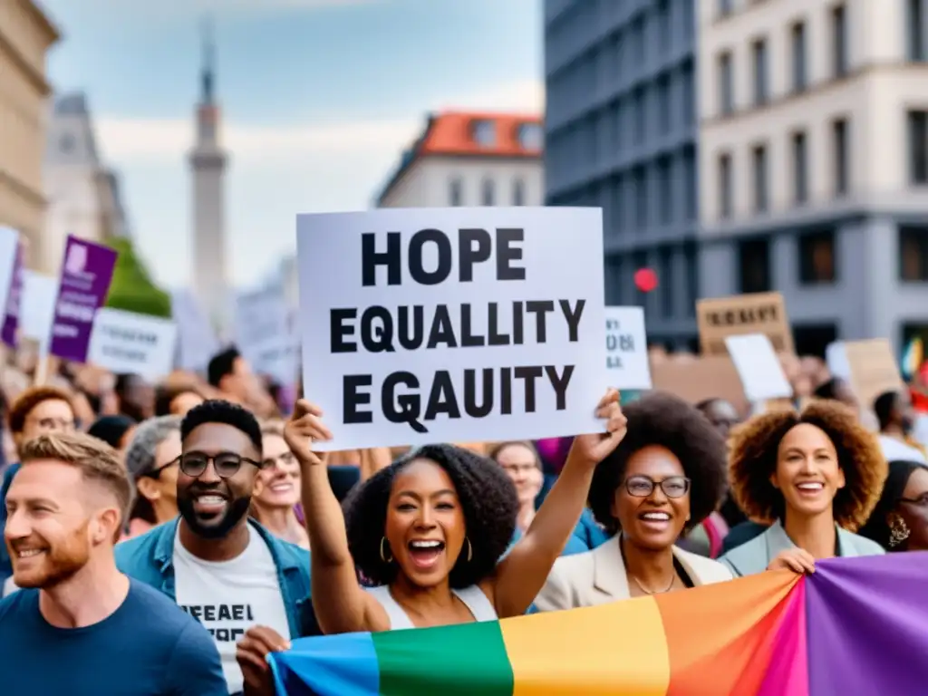 Un grupo diverso del colectivo LGBTIQ+ marcha por los derechos globales, mostrando determinación y esperanza