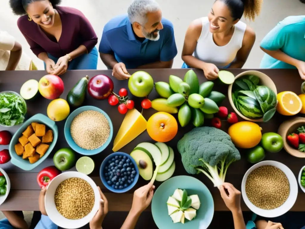 Un grupo diverso comparte una comida nutritiva en comunidad, representando el derecho a una alimentación adecuada