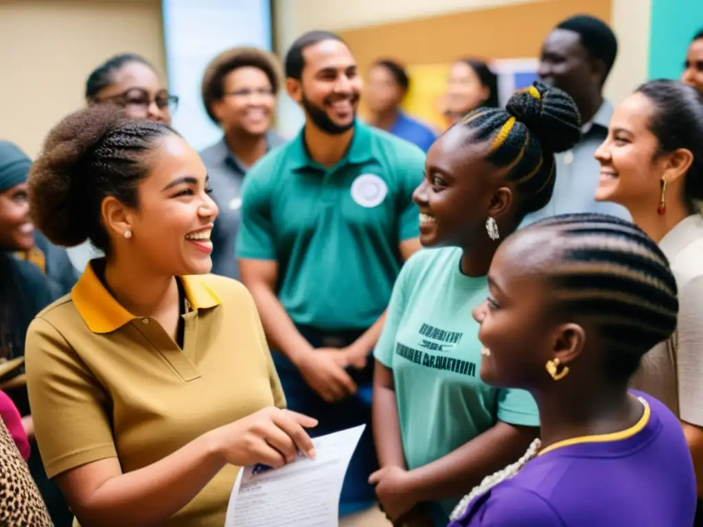 Grupo diverso en comunidad educativa debatiendo derechos humanos en centro comunitario inclusivo y vibrante