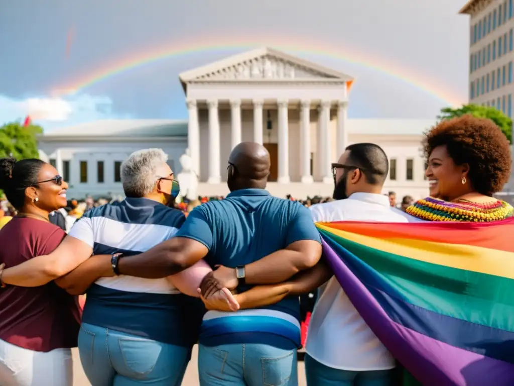 Grupo diverso de la comunidad LGBTIQ+ frente a un juzgado, ondea una bandera arcoíris y carteles por la igualdad