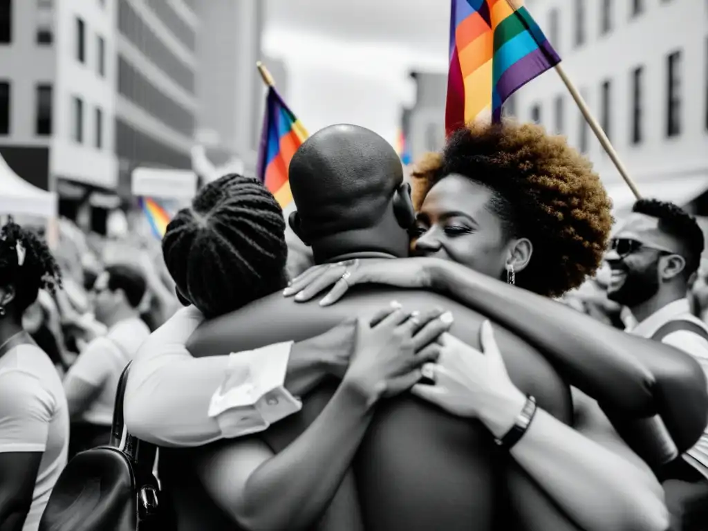 Grupo diverso de la comunidad LGBTQ+ unido, enfrentando la homofobia internalizada en una manifestación de orgullo