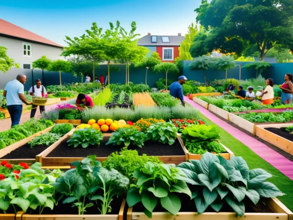 Un grupo diverso cuida un jardín comunitario, demostrando Innovación Social para Combatir Pobreza