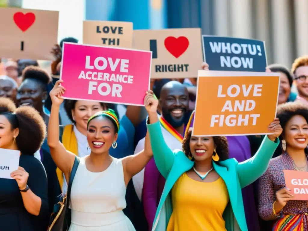 Grupo diverso de diferentes culturas y fondos, unidos en apoyo a los derechos del colectivo LGBTIQ+ globales, con carteles de amor y aceptación