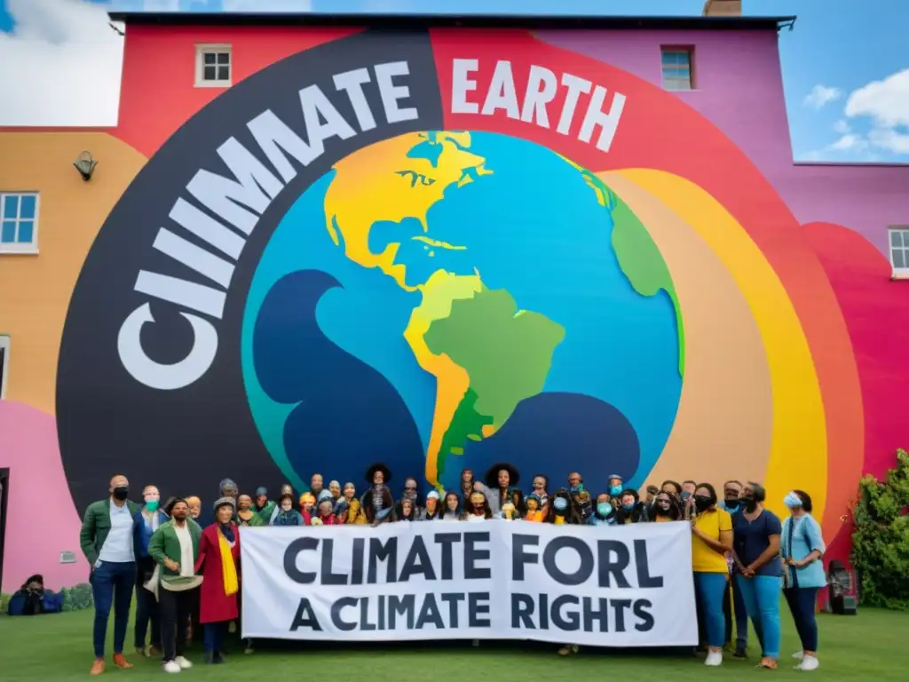 Grupo diverso de defensores del clima y derechos humanos se reúnen frente a mural colorido de la Tierra, expresando pasión y activismo global