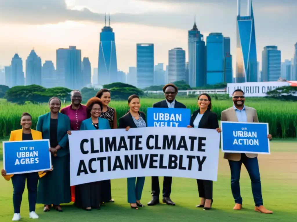 Un grupo diverso de defensores de derechos humanos sostiene pancartas frente al horizonte urbano, abogando por la acción climática y la conciencia sobre la vulnerabilidad urbana en megaciudades en desarrollo