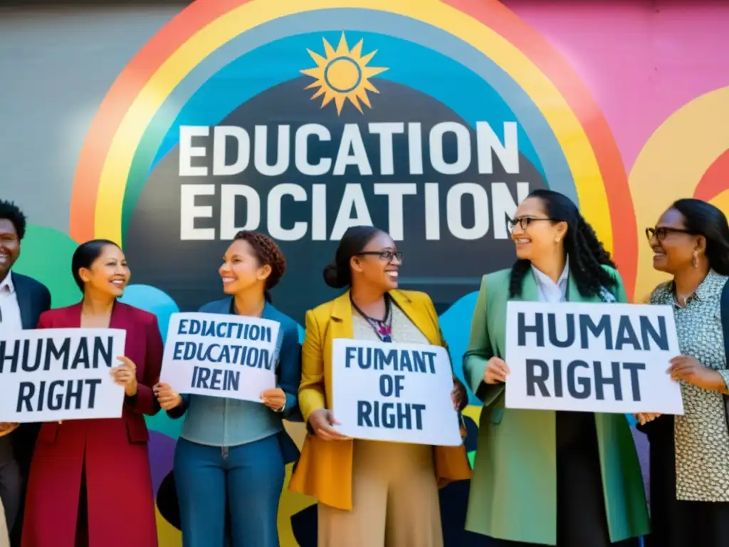 Un grupo diverso de defensores de derechos humanos, frente a un mural colorido, abogando por la importancia de la educación como derecho humano global