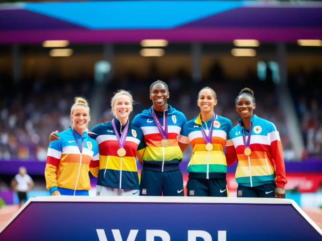 Un grupo diverso de deportistas LGBT+ posando juntos en el podio, orgullosos y emocionados, sosteniendo sus medallas con una iluminación dramática