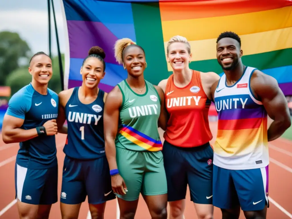 Grupo diverso de deportistas LGBT+ en unidad, representando derechos humanos globales con fuerza y orgullo en locación simbólica